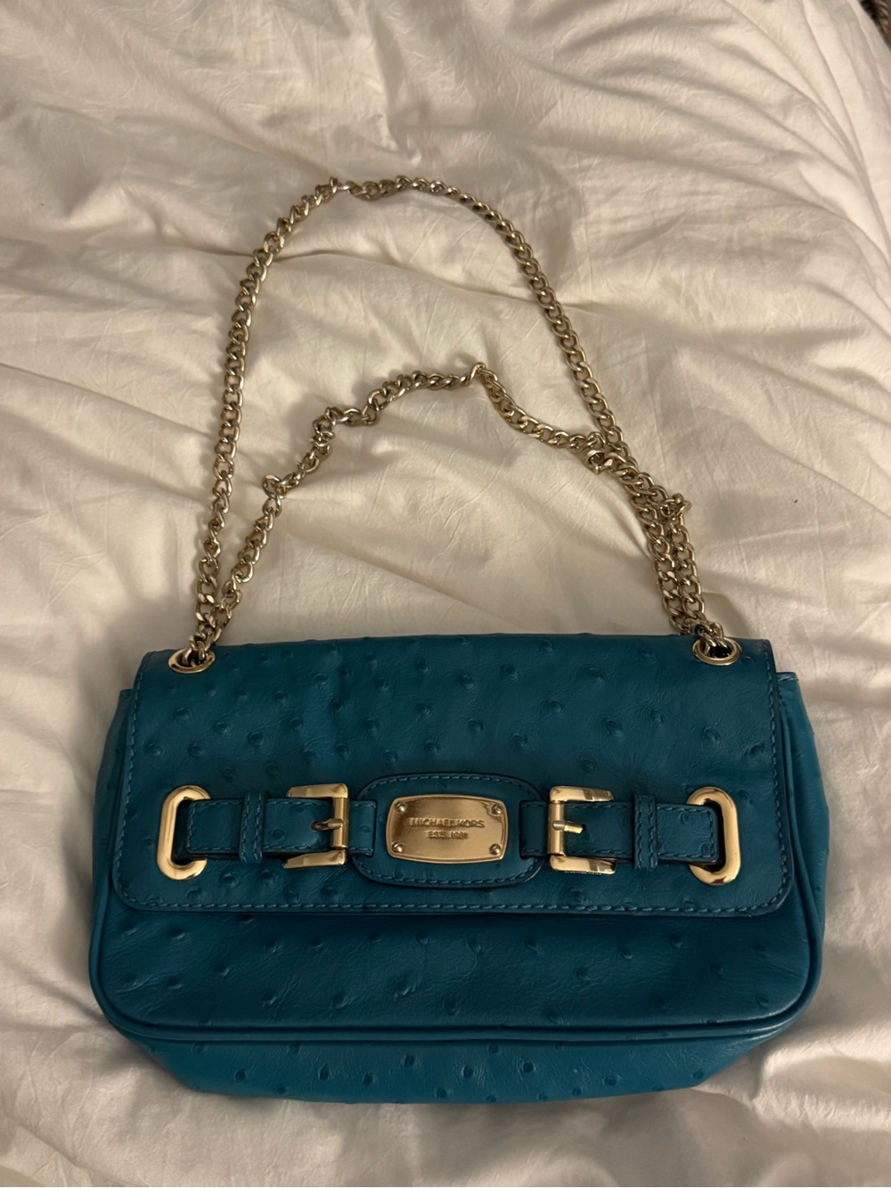 Michael Kors Teal Shoulder Bag with Gold Chain and Buckle Detail